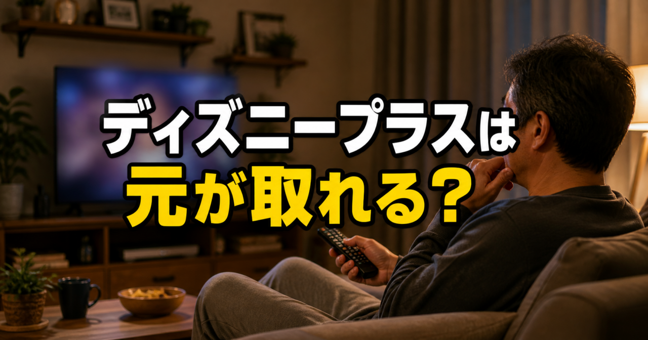 リビングでテレビを見ながら考える中年男性を背景に、「ディズニープラスは元が取れる？」の文字を中央に配置したアイキャッチ画像。