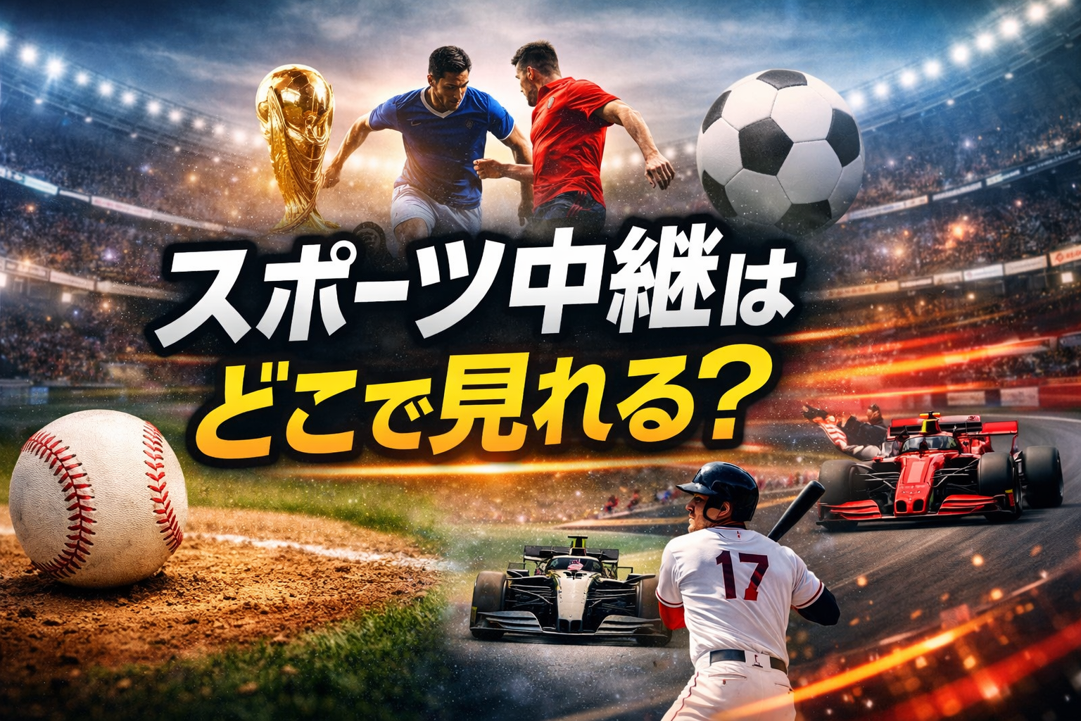 スポーツ中継はどこで見れる？という文字を中央に配置し、野球・サッカー・F1をイメージしたスポーツシーンを背景にした横長のアイキャッチ画像