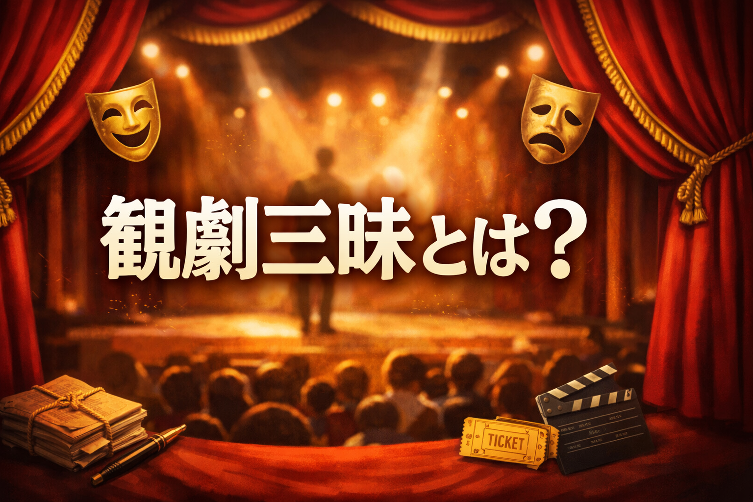 観劇三昧とは？という文字を中央に配置し、赤い劇場カーテンと舞台照明、観客席を背景にした横長のアイキャッチ画像